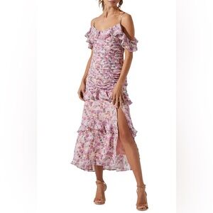 Astr Floral Pink Ruffled Cold-Shoulder Midi Dress